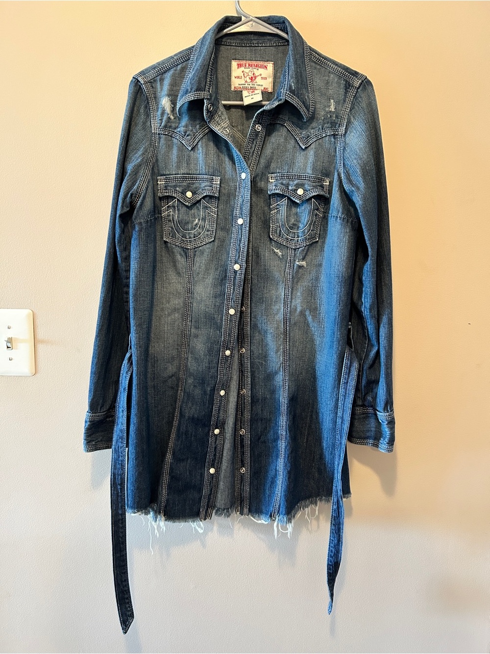 True Religion Distressed Denim Longline Shirt Dress - Blue